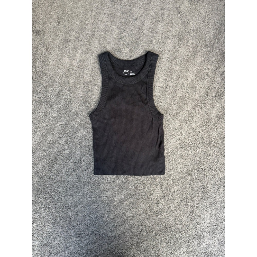 Aerie Womens Small Black Ribbed Crew Neck Sleeveless Racerback Tank Top